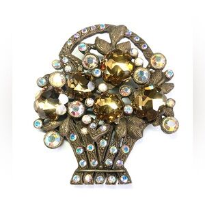 Vintage Art Deco Yellow Rhinestone Flower Basket Brooch
